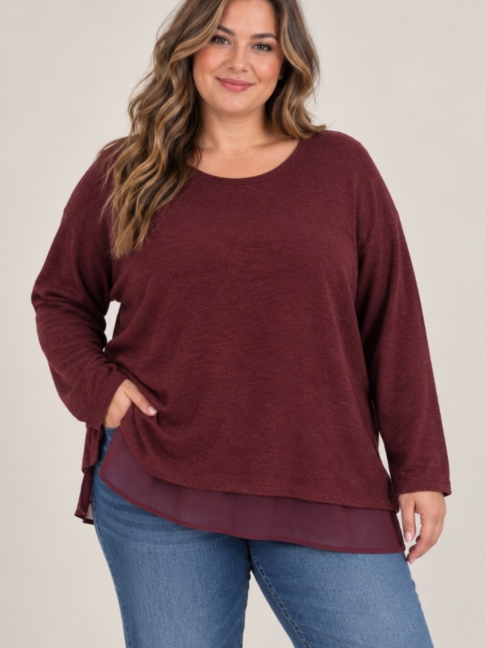 Denver Hayes Tunic Top Womens Size XL Burgundy Knit Chiffon Hem Casual